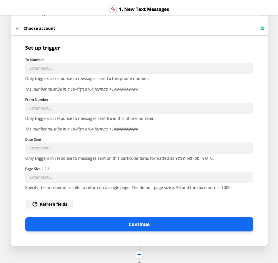 A screenshot of the Zapier 'New Text Messages' configuration page, with text fields for To Number, From Number, Date Sent, and Page Size.