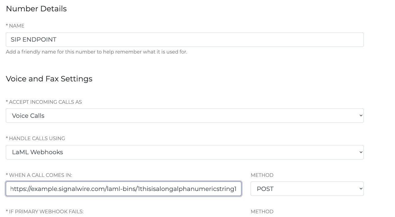 A screenshot of the Phone Number Settings panel selecting Voice Calls for Accept Incoming Calls As, LaML Webhooks for Handle Calls Using and the URL for your LaML Bin created above for When a Call Comes In.