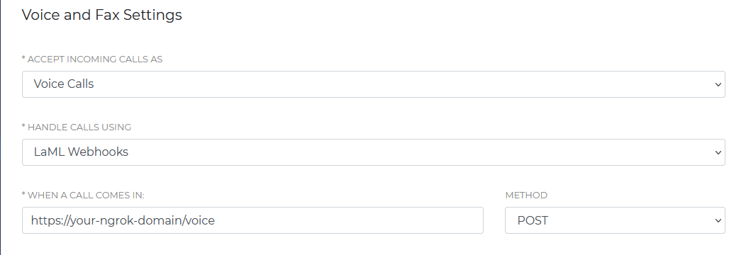 A screenshot of the Voice and Fax Settings section of the Edit Settings phone number page.