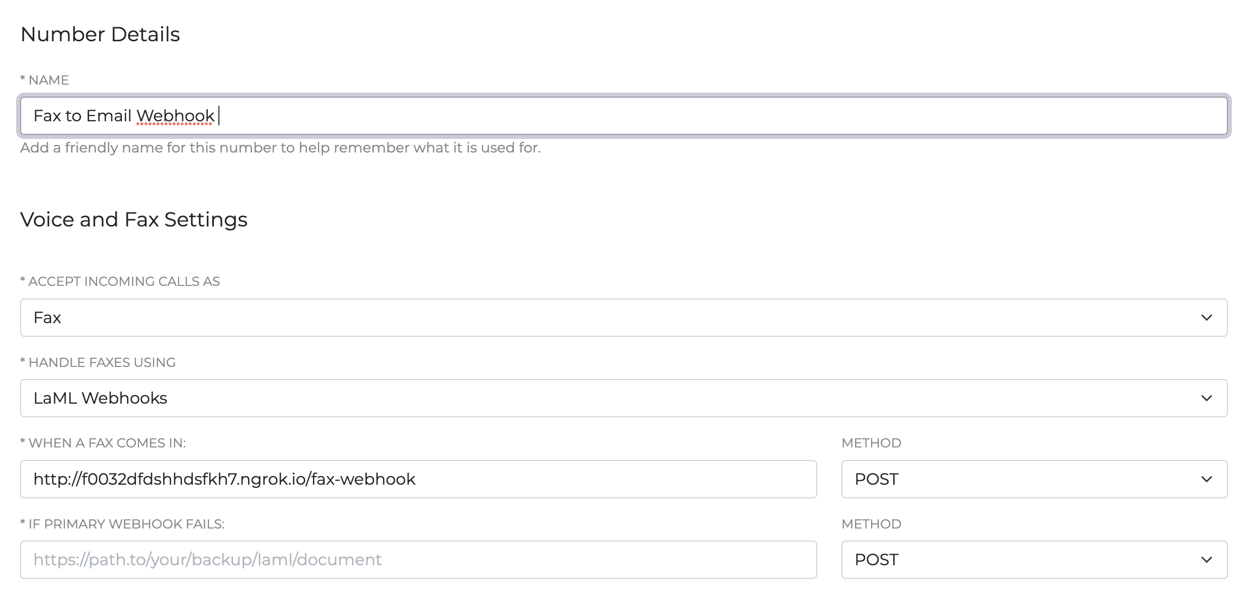 A screenshot of the settings for a fax number titled 'Fax to Email Webhook'. Under the Voice and Fax Settings section, a number of values are defined. 'Accept Incoming Calls As' is set to 'Fax'. 'Handle Faxes Using' is set to 'LaML Webhooks'. 