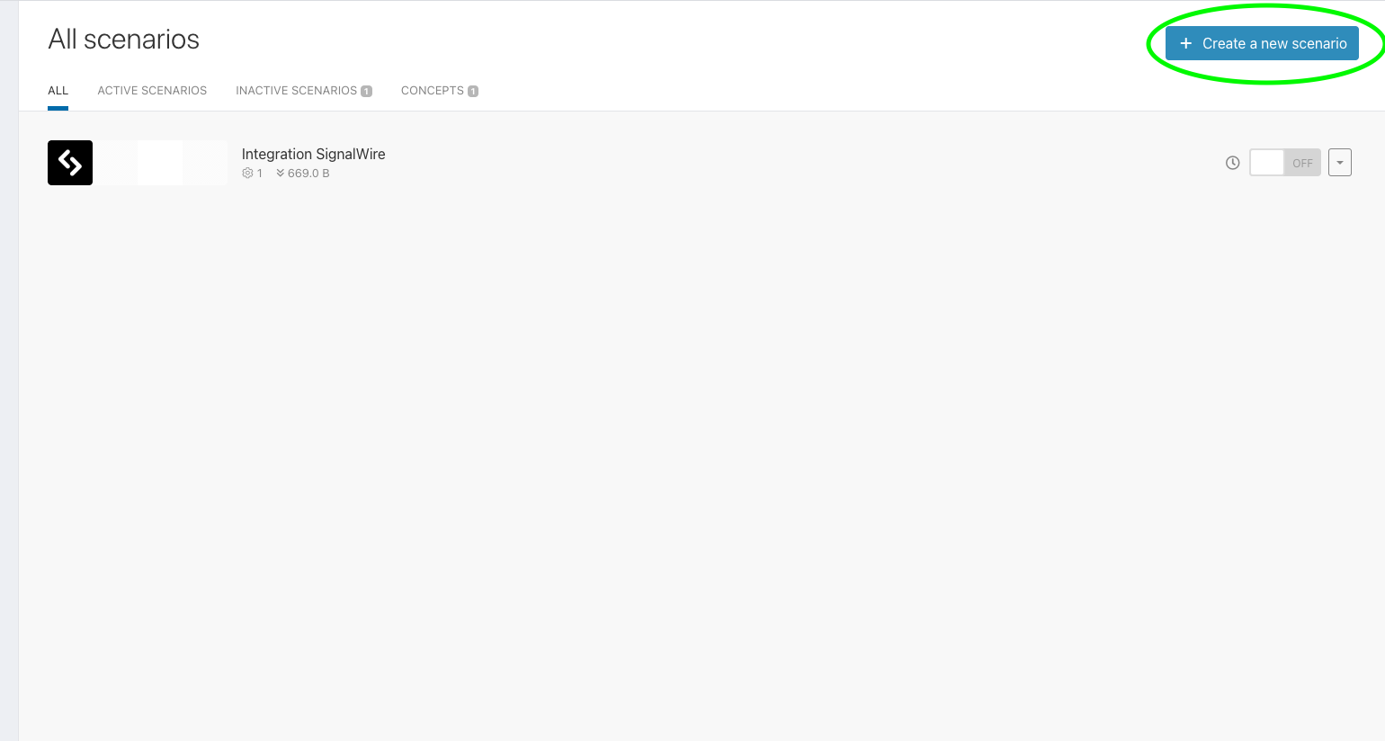 A screenshot of the 'All Scenarios' page with the 'Create a new scenario' button circled in green.