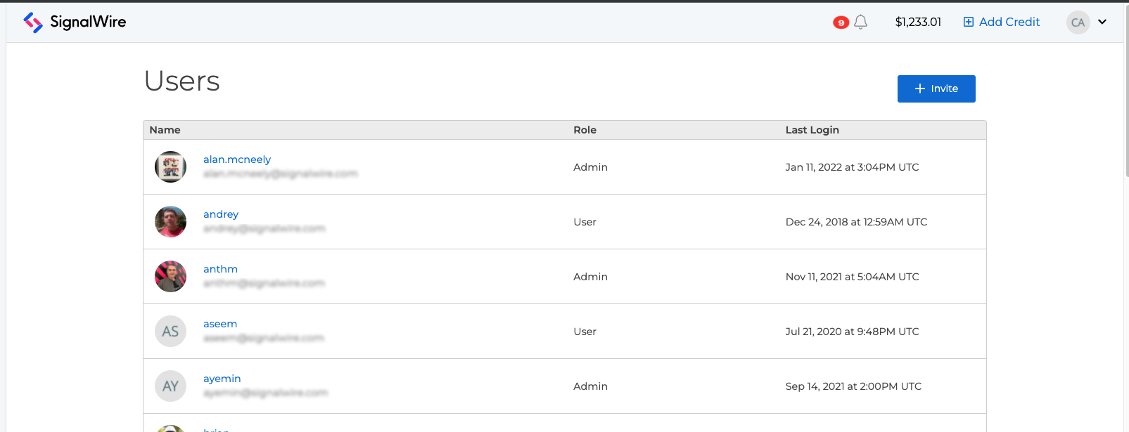 A screenshot of the Users tab. The page shows a list of users in table format. The table lists Name, Role, and Last Login values. There is a blue button labeled 'Invite'.