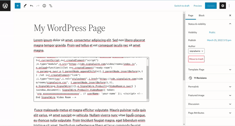 An animated Gif showing a private WordPress page with the Moderator Video Conference code in an HTML block.