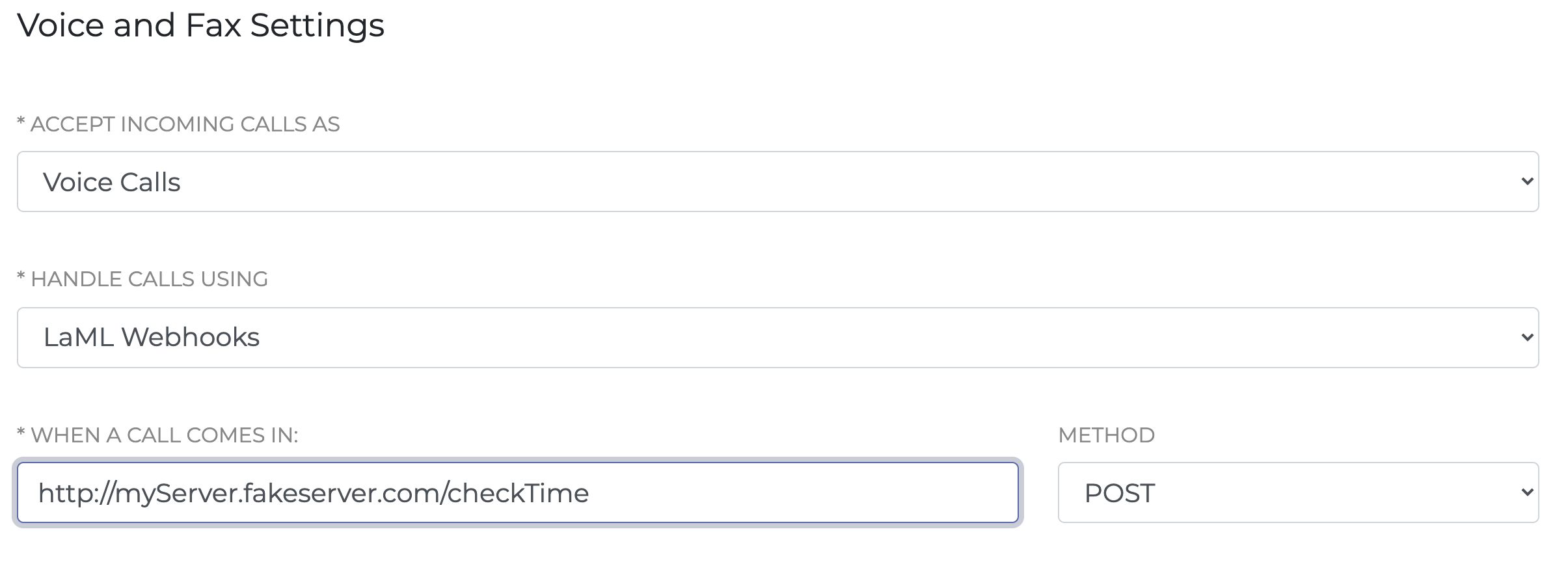 A screenshot of the Edit Settings page for a phone number. The URL for the LaML Webhook is set to the described server URL with the checkTime route.