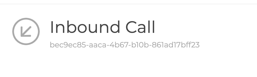 A screenshot of an individual call log within the Voice tab in the LaML section. The call SID is represented underneath the title 'Inbound Call'.