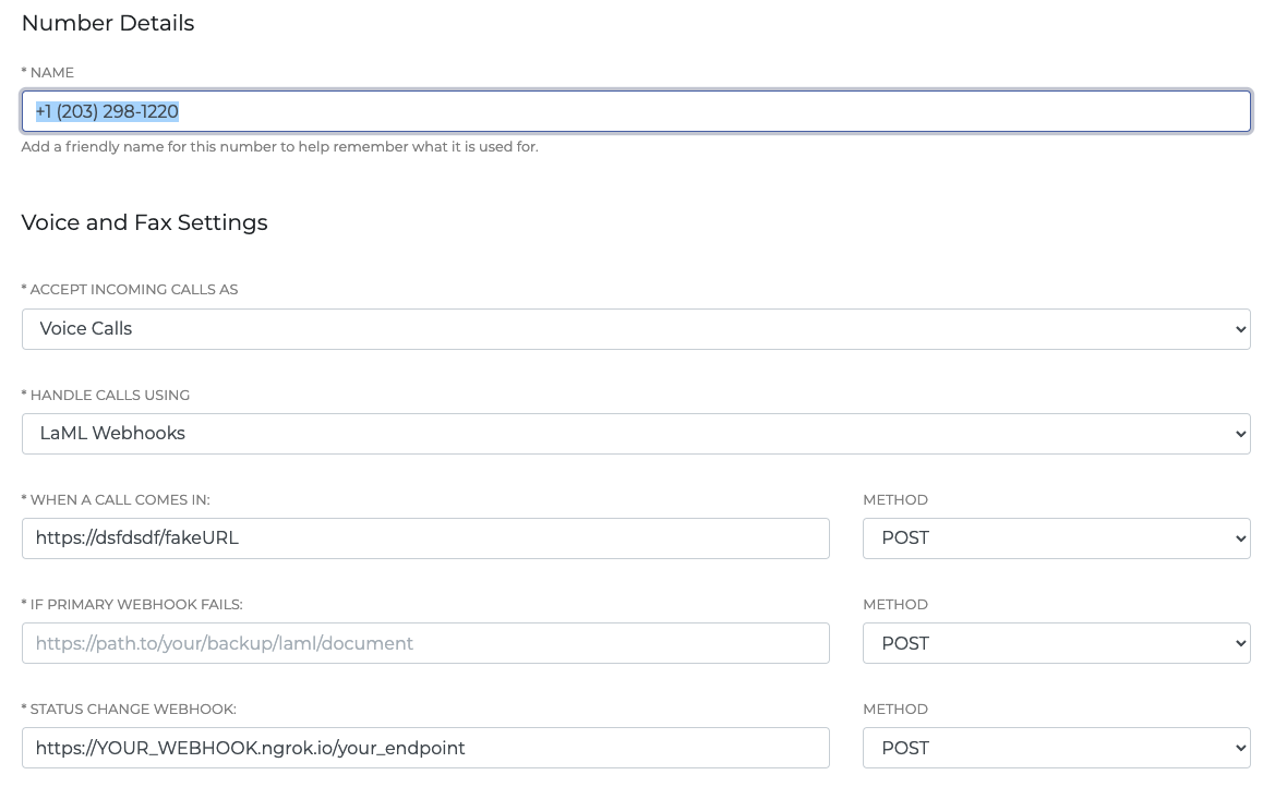 A screenshot of the Phone Numbers tab in the SignalWire Space, in the Edit Settings page of a given phone number. 'Status Change Webhook' has been set to the desired webhook URL.