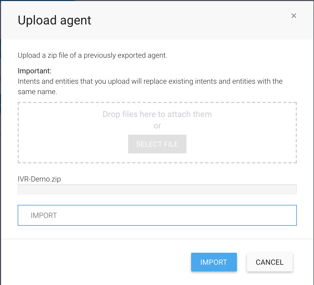 A screenshot of the Upload agent popup. There is a file selection wizard, and a text field in which the user has typed 'IMPORT'.