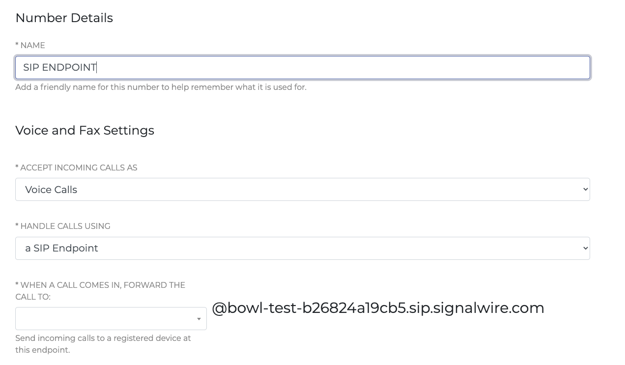 A screenshot of the edit pane for a phone number in the Phone Numbers tab of a SignalWire Space. The number is titled 'SIP Endpoint' and it is set to accept incoming calls as 'Voice Calls' and handle calls using 'a SIP Endpoint'. The SIP username is indicated in the field labeled 'When a Call Comes In, Forward the Call to'.