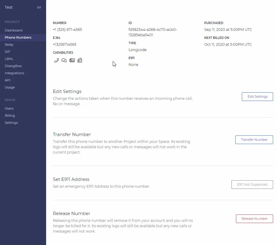 A screenshot of the Phone Numbers tab. A number has been selected, and the number details are visible. There are options to Edit Settings, Transfer Number, Set E911 Address, and Release Number.
