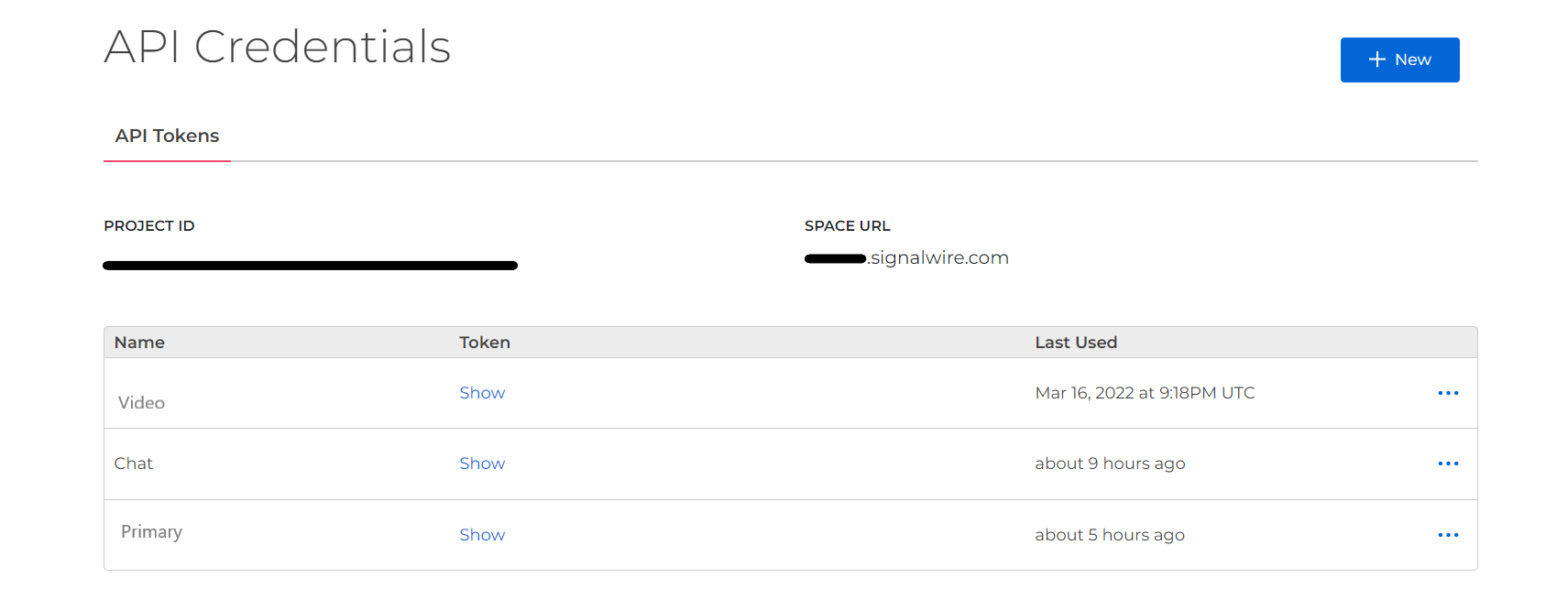 A screenshot showing a page labeled 'API Credentials'. There is a blue button labeled 'New'. Under API Tokens, the current Project ID and Space URL are listed. Beneath those items, a table organizes API tokens by Name, Token, and Last Used.