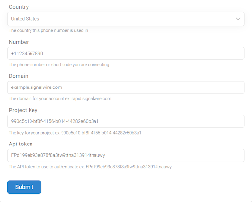 A screenshot of the TextIt configuration with the described inputs in the Country, Number, Domain, Project Key, and API Token fields.