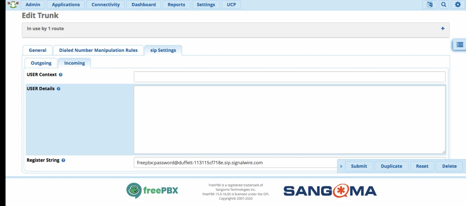 In the Incoming sub-tab of the SIP Settings tab, the Register string has been entered in the field labeled Register String.