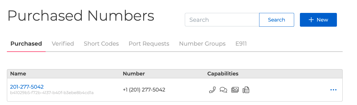 A screenshot of the Phone Numbers page. Under the Purchased tab, there is a table organizing purchased numbers by Name, Number, adn Capabilities. There is also a search bar and a blue button labeled 'New'. The other tab options are Verified, Short Codes, Port Requests, Number Groups, and E911.