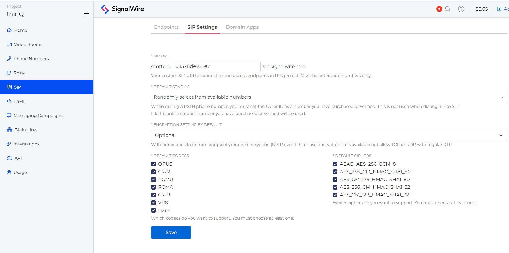 A screenshot of the SIP Settings tab of the SIP page.