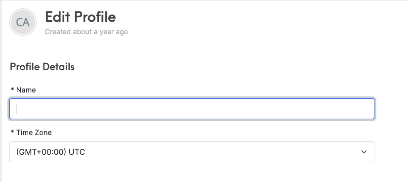 A screenshot of the Edit Profile pane, with editable fields labeled Name and Time Zone.