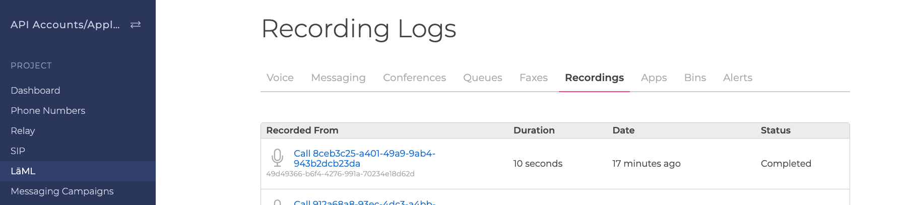A screenshot of the Recordings page of the LaML tab in SignalWire. Recordings are organized by source, duration, date, and status.