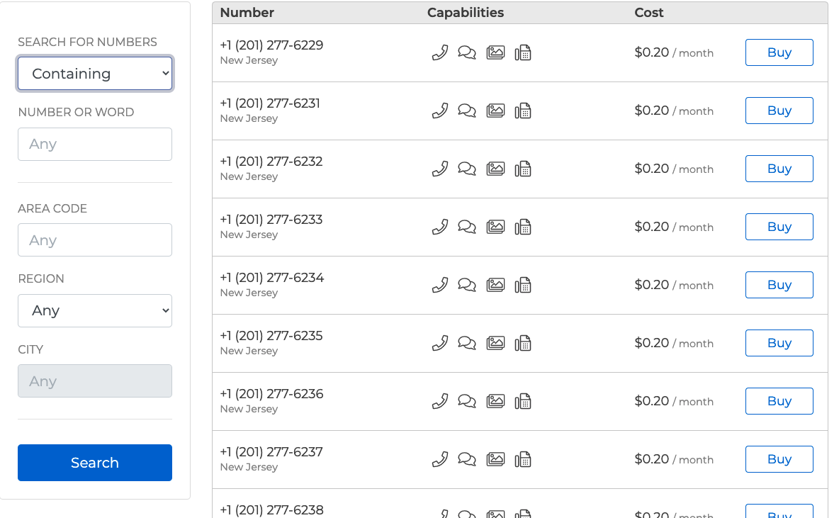 Image of a list of numbers that can be purchased within the SignalWire Dashboard.