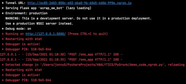 A screenshot of the ngrok tunnel text interface in the console. The tunnel URL is shown as well as the Flask app served. The Environment is identified as production, and debug mode is on.