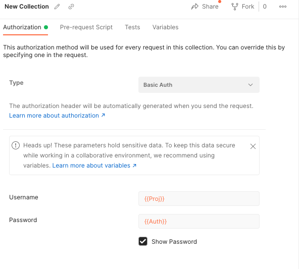 A screenshot of the New Collection setup page. The Project ID, represented by a variable nested in two curly braces, has been entered in the Username field. The Auth Token, represented by a variable nested in two curly braces, has been entered in the Password field. 