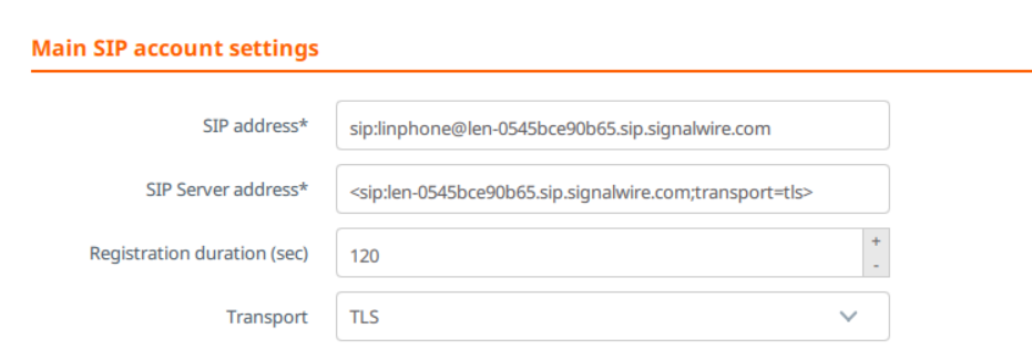 A screenshot of a settings pane. Registration duration is set to 120, and Transport is set to TLS.