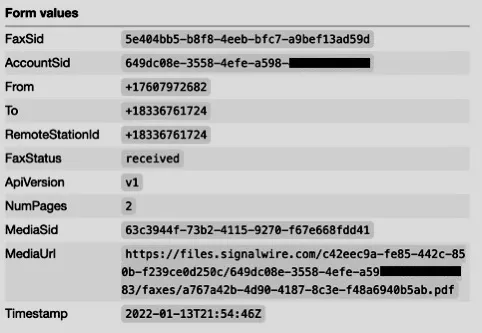 A fax titled Form Values. A table displays values for the following: FaxSid, AccountSid, From, To, RemoteStationId, FaxStatus, ApiVersion, NumPages, MediaSid,MediaUrl, and Timestamp.