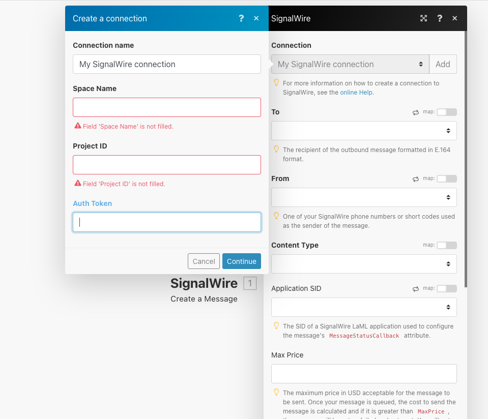 A screenshot of the 'Create a connection' dialog. The 'Add' button under the Connection heading has been clicked. The dialog includes text fields labeled Connection Name, Space Name, Project ID, and Auth Token.