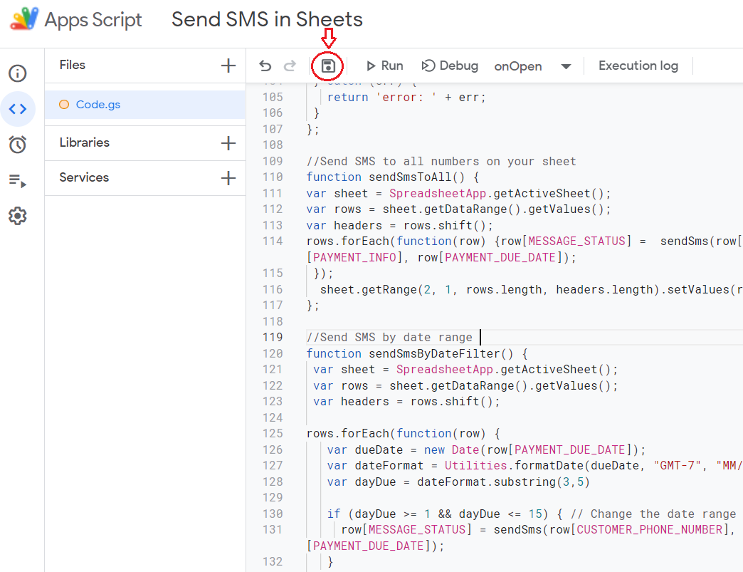 A screenshot of the Apps Script editor. In the code page, 'Code.gs' is selected in the file explorer. In the editor pane, the floppy disk 'save' icon is circled in red.