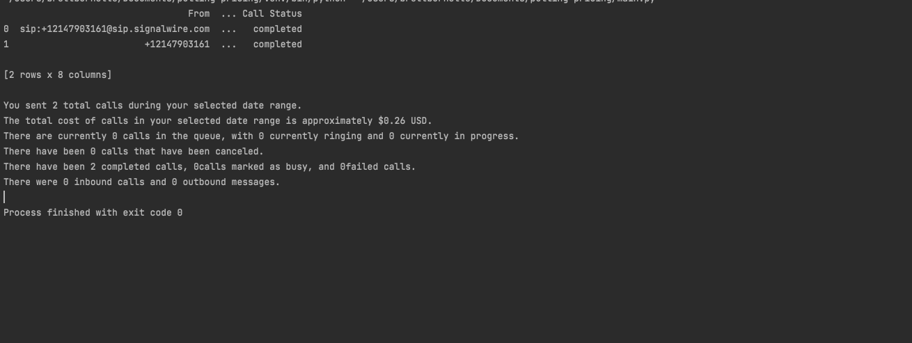 A screenshot of the console output. The log reports back the total calls sent in the date range, the total cost, current calls in queue, number of cancelled calls, number of completed calls, number of inbound calls, and number of outbound messages.