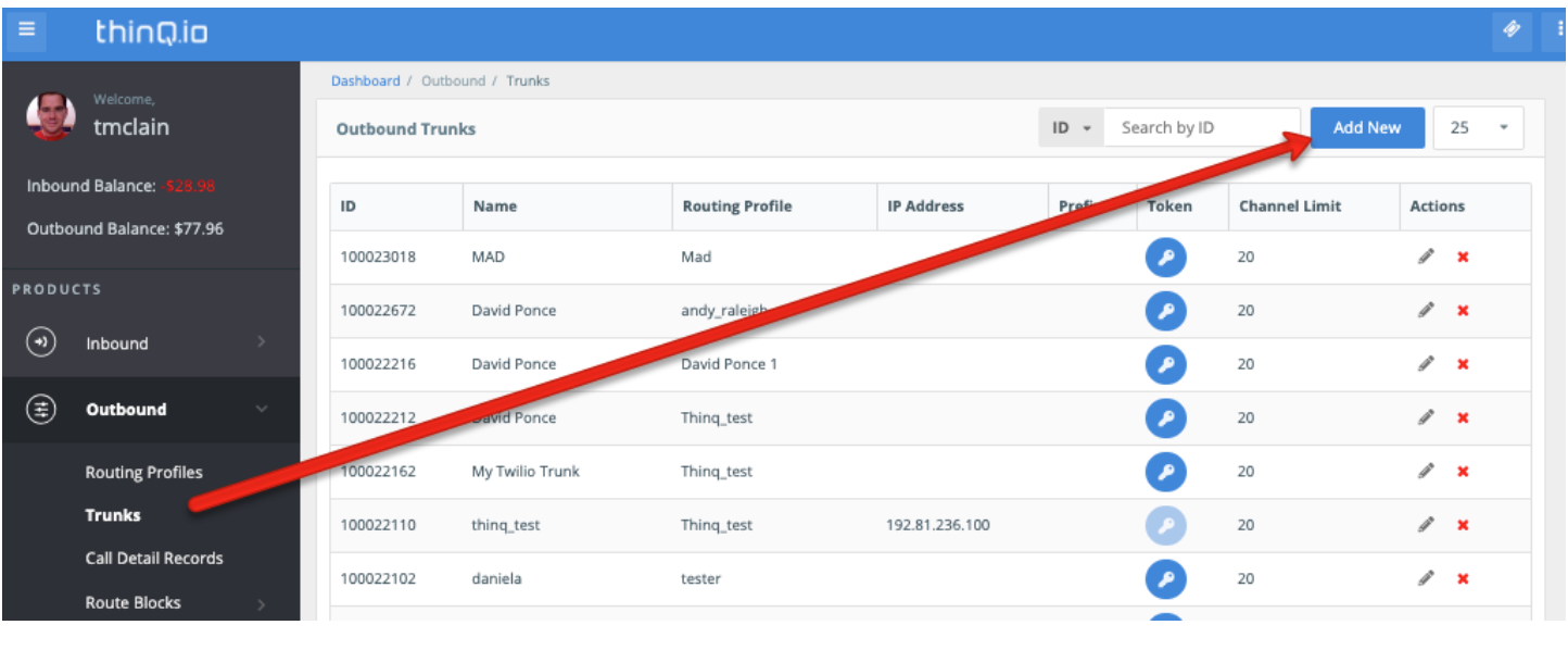 A screenshot of the Trunks pane of the Outbound tab of the thinQ interface, with a red arrow pointing to the button labeled 'Add New'.