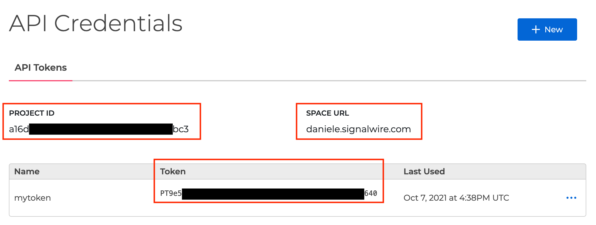 A screenshot of the API tab of a SignalWire Space. The project ID, space URL, and API token values are circled in red.