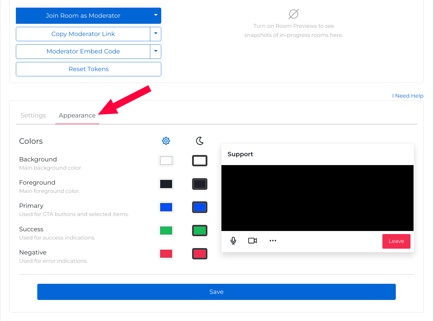 A screenshot of the Appearance tab of a Video Conference. Users can edit the Background, Foreground, Primary, Success, and Negative colors for both Light and Dark color schemes with a live preview.