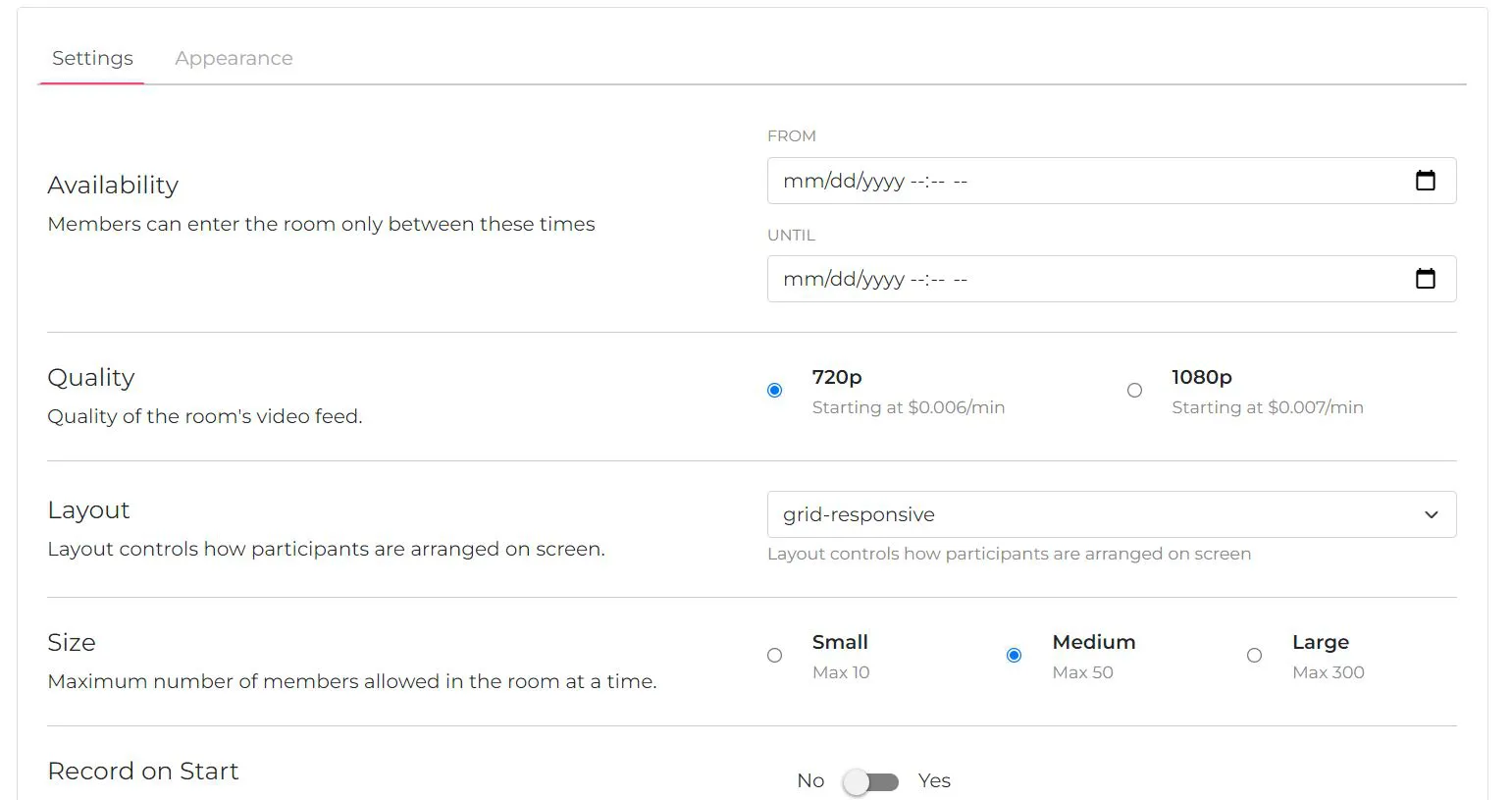 This screenshot shows the configuration options for Video Conferences. At the top of the screen, there are two tabs: 'Settings' and 'Appearance'. Under the selected 'Settings' tab, there are the following options. 'Availability' sets the dates and times that members will be able to enter the room. There are also settings for Quality, Layout, Size, and Record on Start.