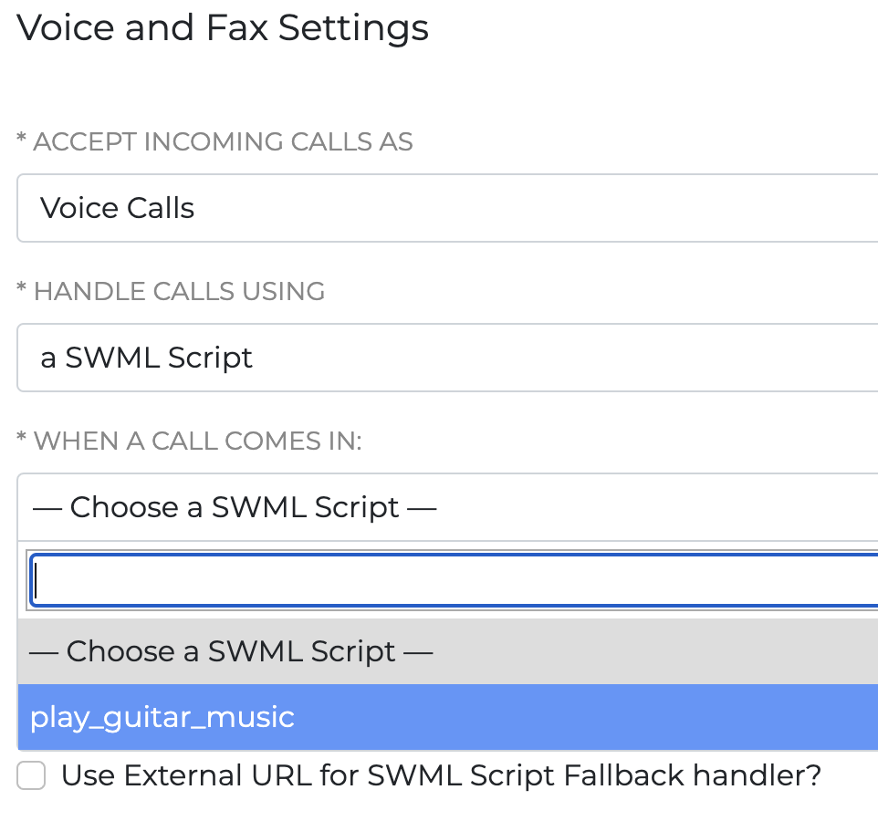 SignalWire dashboard's phone number setting screen, selecting a SWML script as call handler.