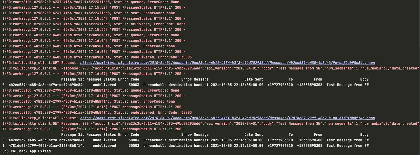 A screenshot of the output. Successful messages or logged to the console. Whenever a message cannot be delivered, the table is updated with the relevant values.