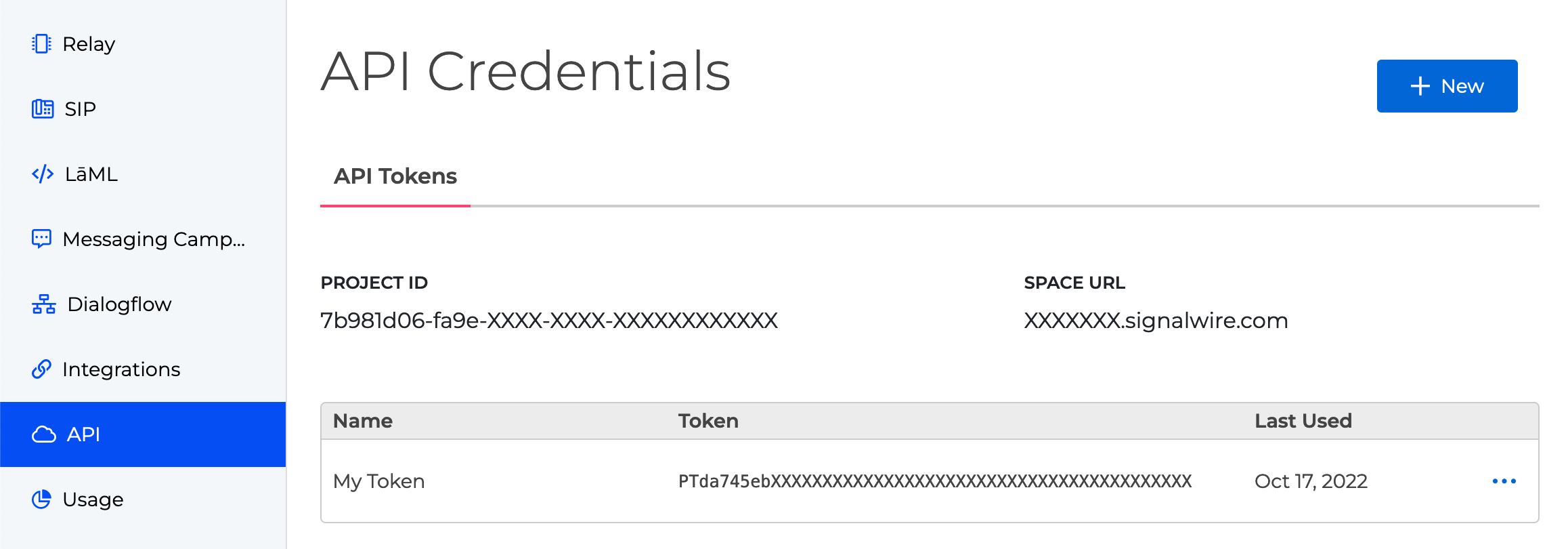 A screenshot of the API page within the SignalWire Project. The API Credentials section lists the current Project ID and Space URL. A table organizes API Tokens by name, token, and last used.