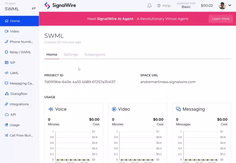 In this animated GIF, the user navigates to the Phone Numbers page of a SignalWire Space. In the Purchased tab, they select the ellipsis menu icon on a phone number and select the Edit option. They elect to handle calls using a SWML Script and select the relevant script using a drop-down menu before saving.