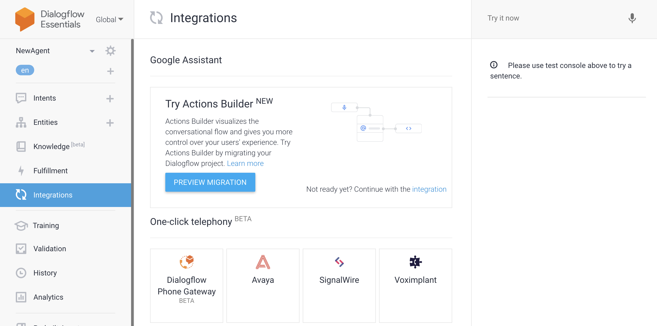 A screenshot of the Dialogflow web application. The 'Integrations' tab is selected, showing a number of logos under the One-click telephony heading. The SignalWire logo appears in this section.