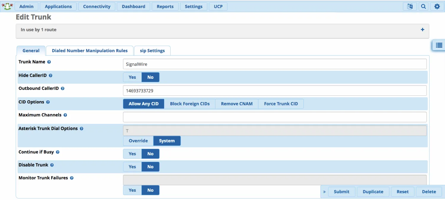 A screenshot of the General tab of an Edit Trunk page. Hide CallerID is set to No. Outbound CallerID is set to the purchased DID, in this case 14693733729. CID options is set to Allow Any CID. Maximum Channels is blank. Asterisk Trunk Dial Options is set to System. Continue if Busy, Disable Trunk, and Monitor Trunk Failures are all set to No.