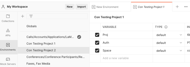 A screenshot of the Postman interface. In the Environments tab, a project titled 'Con Testing Project 2' has variables for Project ID, SignalWire Space, and Auth Token.