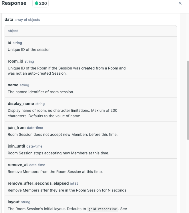 A screenshot of the list room sessions endpoint with a 200 OK Response and a list of returned data.