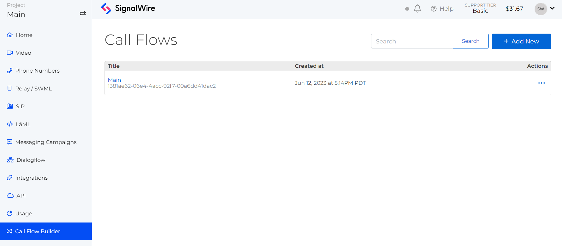 Image showing a list of current Call Flows built within the SignalWire Dashboard.