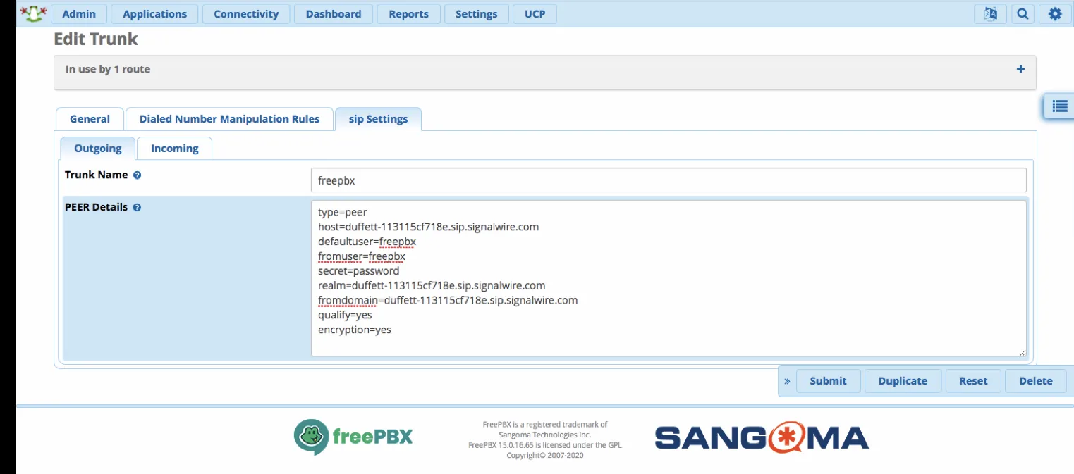 A screenshot of the Outgoing tab of the sip Settings tab of the Edit Trunk page.The indicated text has been entered within the PEER details field.