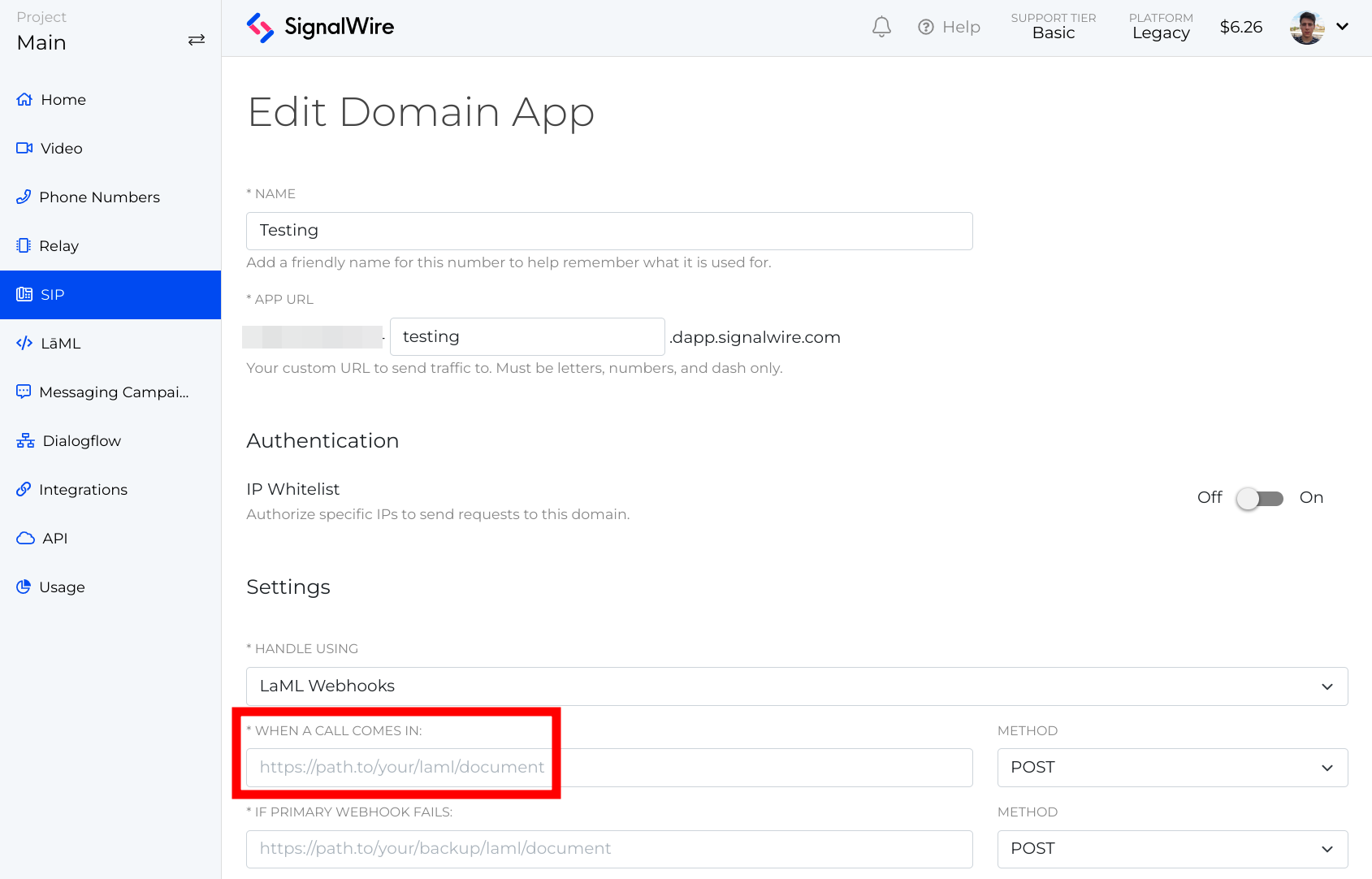 A screenshot of the Edit Domain App page within the SIP tab in a SignalWire Space. The field titled 'When a Call Comes in' under Settings has been circled in red.