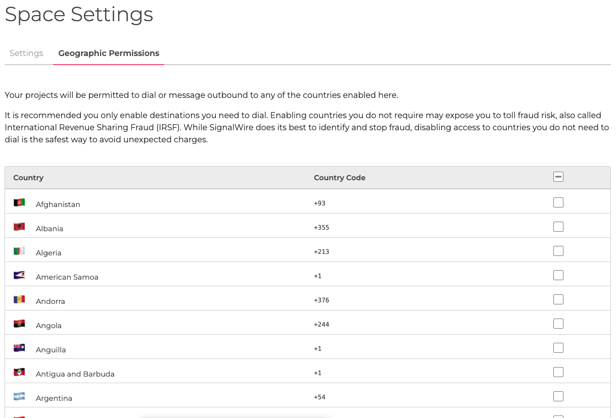 A screenshot of the Geographic Permissions tab of the Space Settings, enabling the user to select which countries the selected project is permitted to dial.