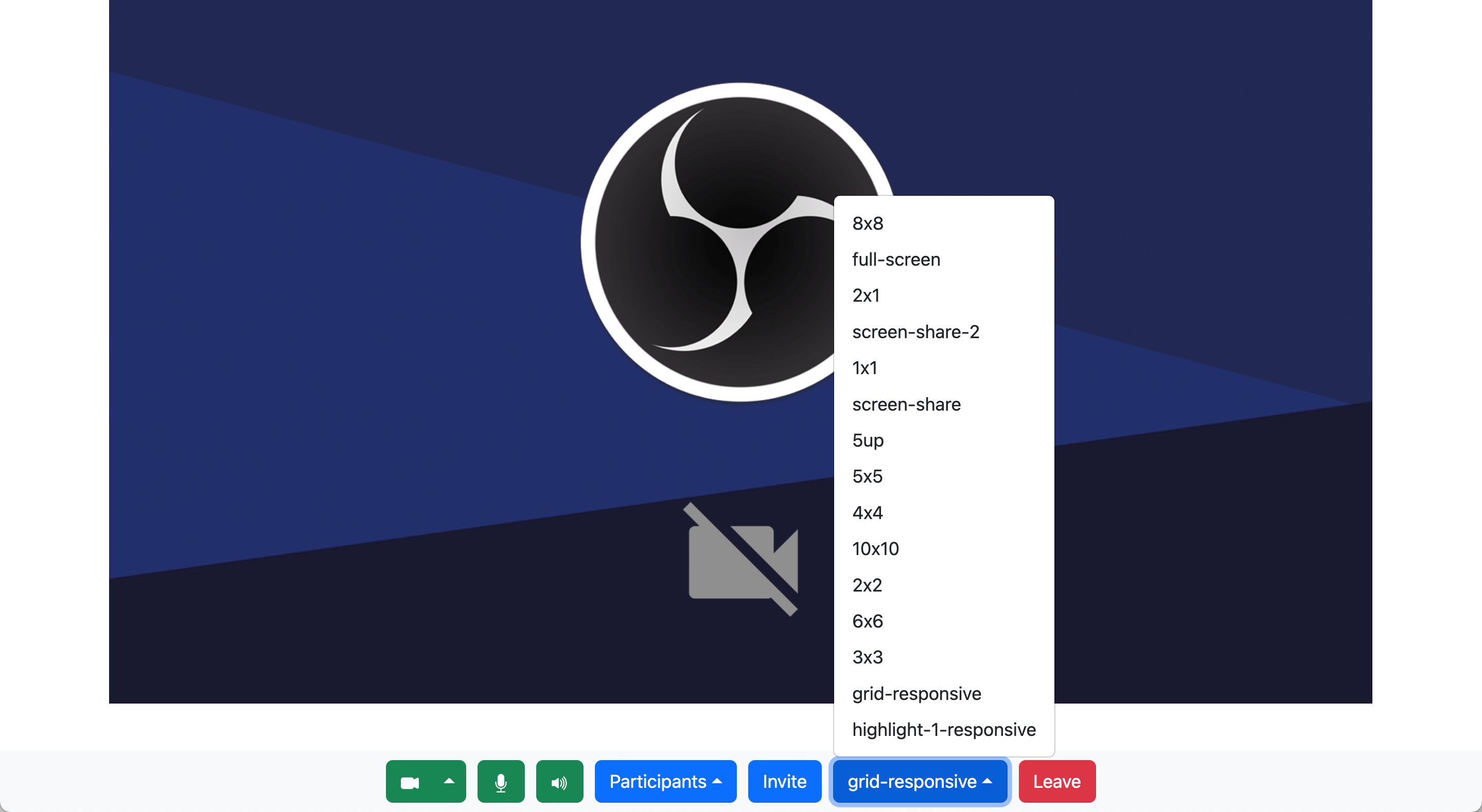 A screenshot of a video conference, showing controls for video, audio, participants, invitations, and layout.