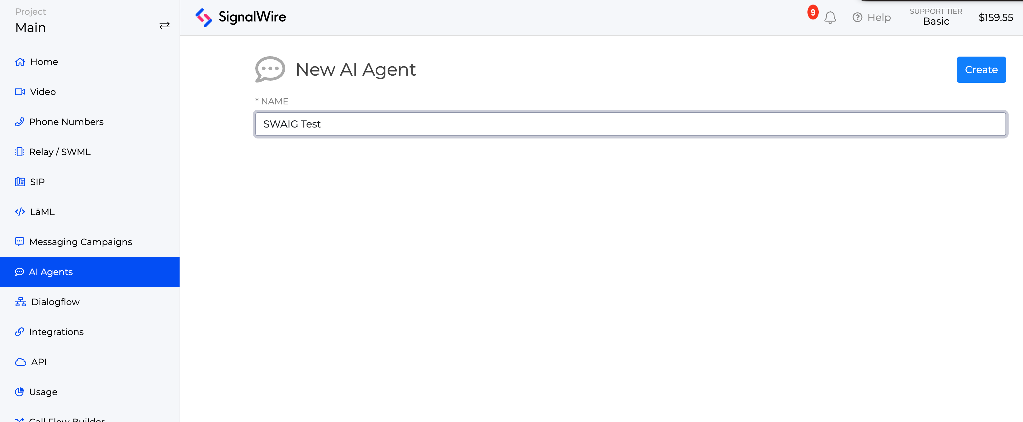 A screenshot of the New AI Agent page within the AI Agents tab of a SignalWire Space.