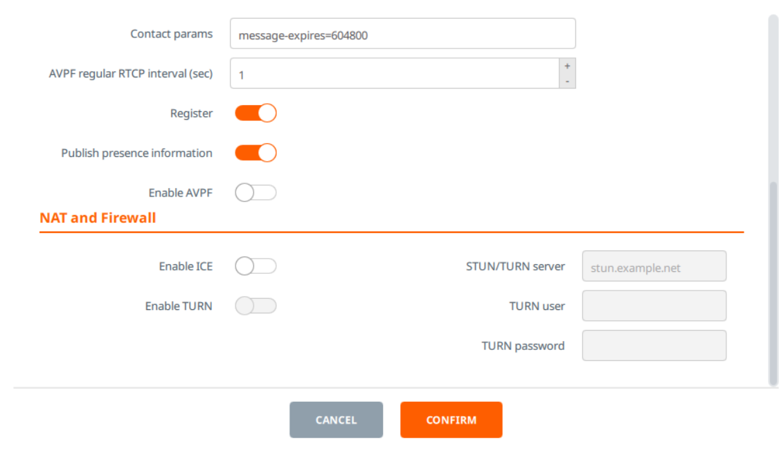 A screenshot with additional settings. AVPF regular RTCP interval is set to 1 second. Register and publish presence information are enabled.