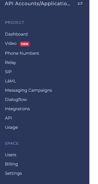 A screenshot of the SignalWire dashboard showing the API tab beneath the Project header.