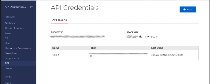 A screenshot of the API tab in a SignalWire Space. Project ID and Space URL are shown. API tokens are organized in a table. All values can be copied with a single click.