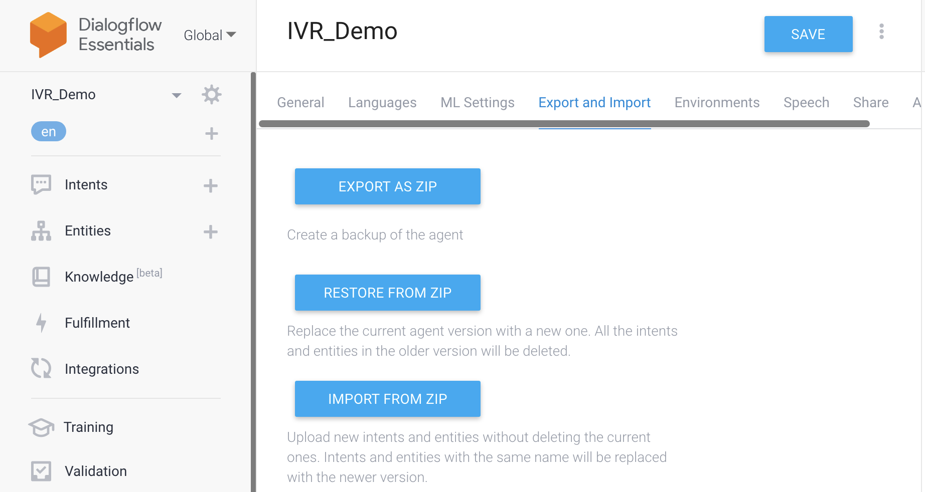 A screenshot of the Export and Import tab of the agent settings. The 'Import From Zip' option is the third button from the top.